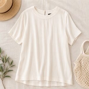 Theory Blouse Womens Large Ivory Edgara Rosina Crepe Short Sleeve Minimalist Top